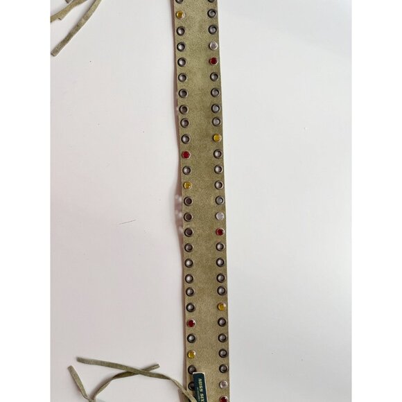 NWT MISS SIXTY 00s Y2K Ellie Green Suede Grommet Crystal Studded Fringe Belt - Picture 5 of 11